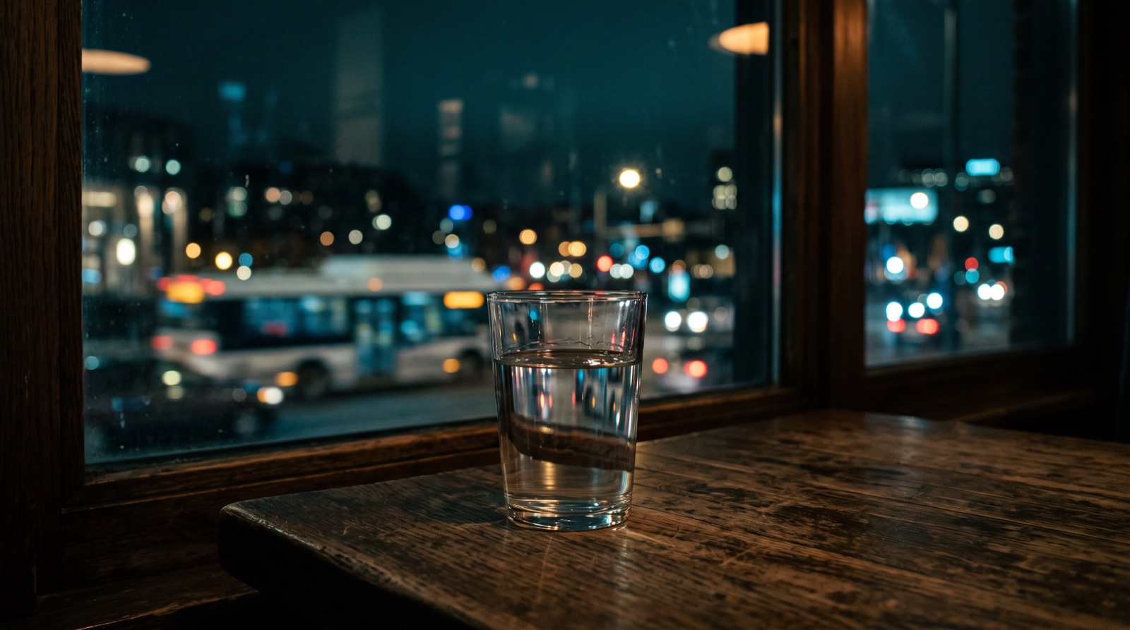 Ein Glas Wasser auf einem Holztisch vor einem dunklen Fenster