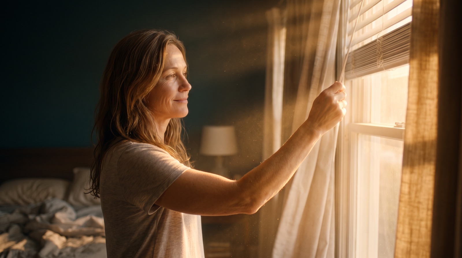 Morgens: eine Hand zieht den Rollladen hoch, Licht fällt ins Schlafzimmer