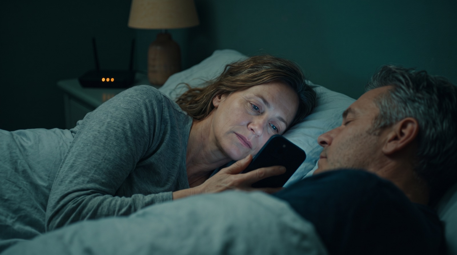Nacht: Frau liegt wach im Bett, das Gesicht vom Handy beleuchtet