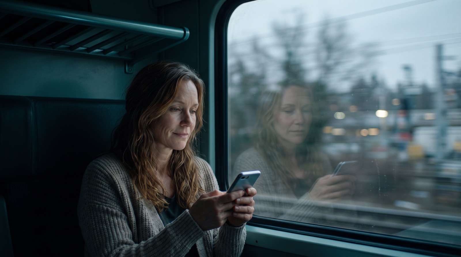 Frau im Zug, ihr Gesicht spiegelt sich im Fenster