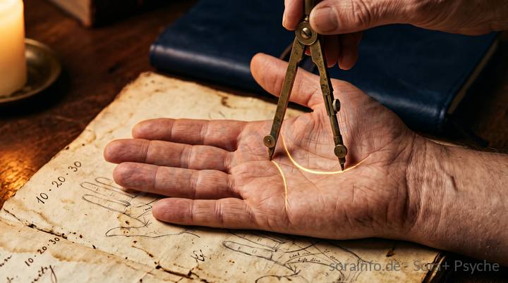 Alter Messingzirkel misst eine offene Handfläche, goldener Bogen zur Lebenslinie