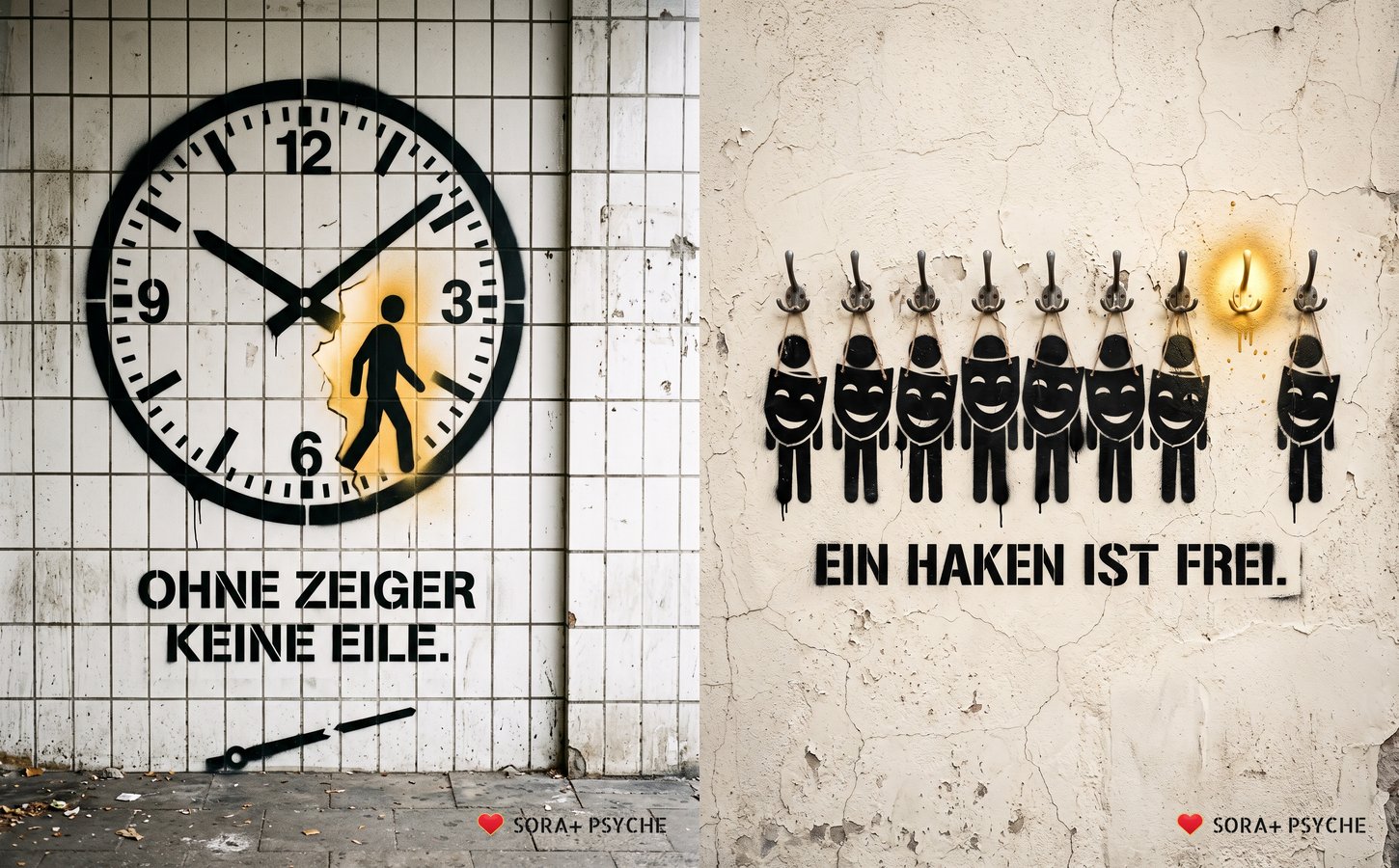 Zwei W&auml;nde mit schwarzem Stencil und je einem Satz in Gro&szlig;buchstaben