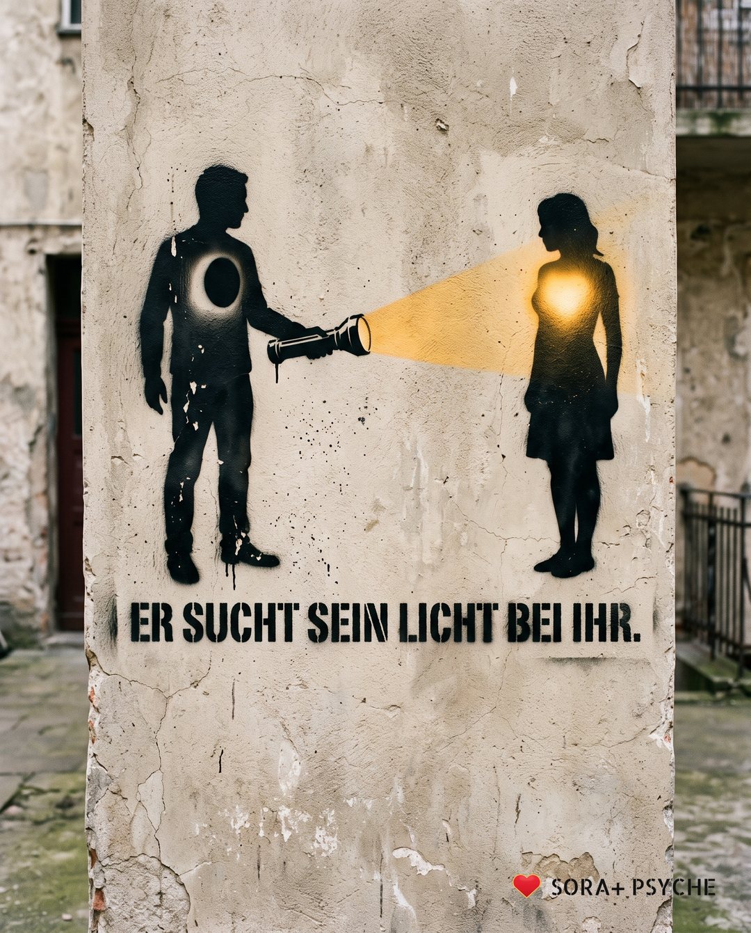Wand mit schwarzem Stencil, Signatur SORA+ PSYCHE: „ER SUCHT SEIN LICHT BEI IHR.“