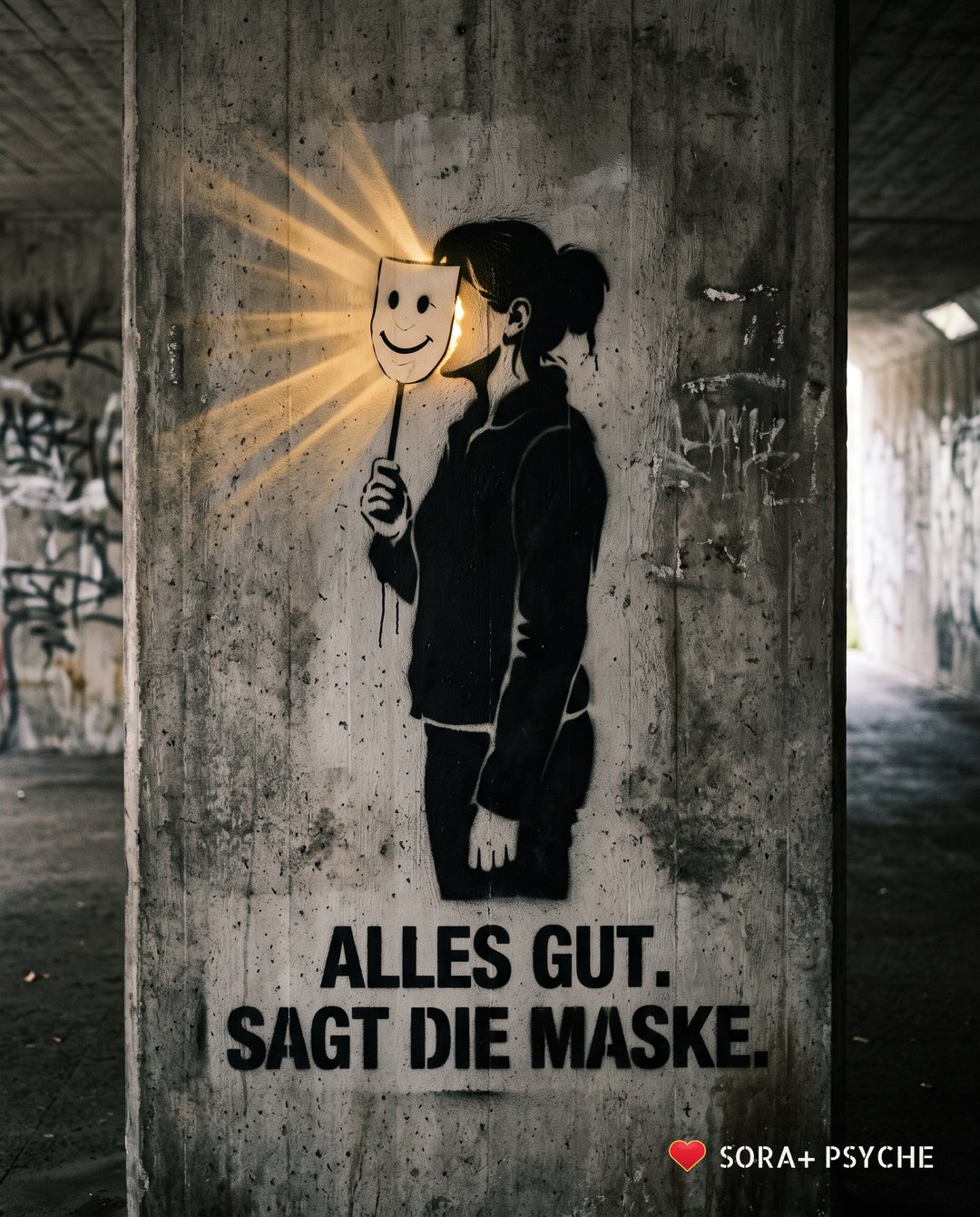 Wand mit schwarzem Stencil, Signatur SORA+ PSYCHE: „ALLES GUT. SAGT DIE MASKE.“