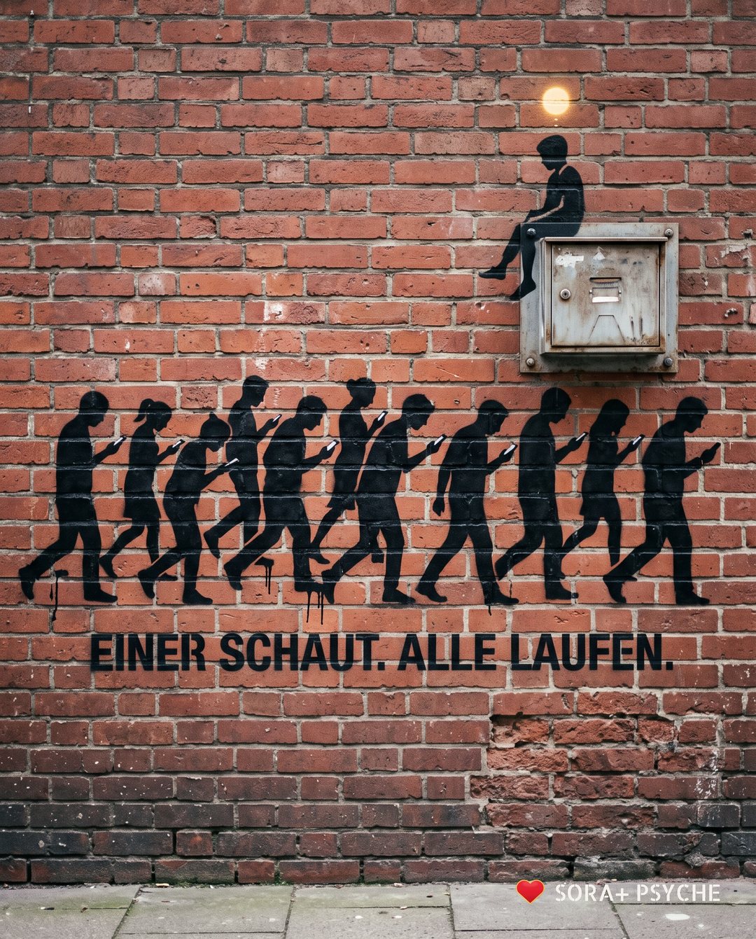 Wand mit schwarzem Stencil, Signatur SORA+ PSYCHE: „EINER SCHAUT. ALLE LAUFEN.“