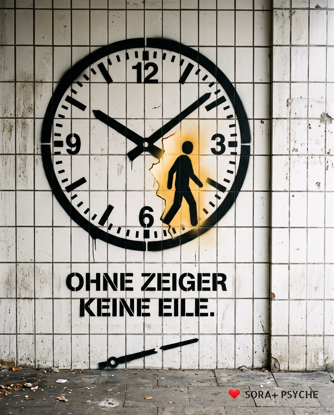 Wand mit schwarzem Stencil, Signatur SORA+ PSYCHE: „OHNE ZEIGER KEINE EILE.“