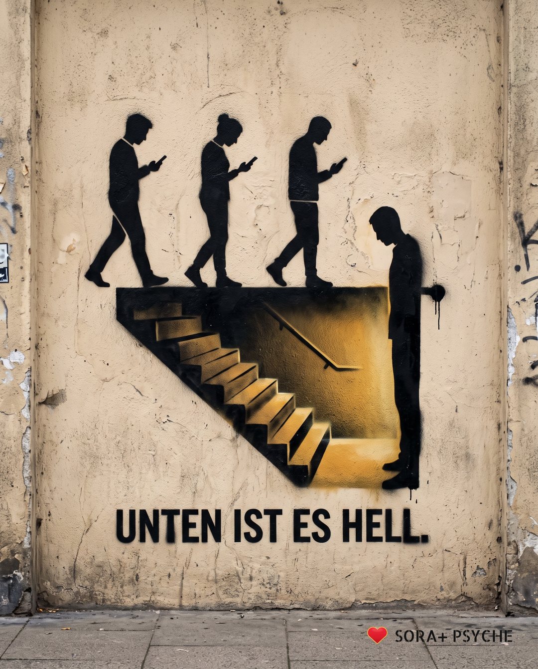 Wand mit schwarzem Stencil, Signatur SORA+ PSYCHE: „UNTEN IST ES HELL.“