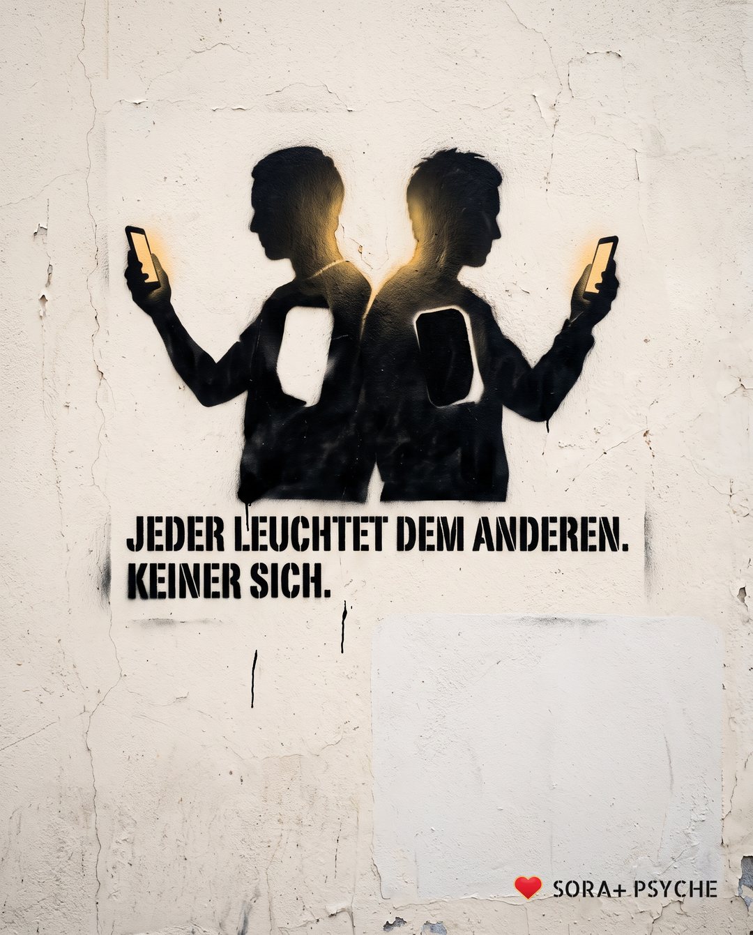 Wand mit schwarzem Stencil, Signatur SORA+ PSYCHE: „JEDER LEUCHTET DEM ANDEREN. KEINER SICH.“