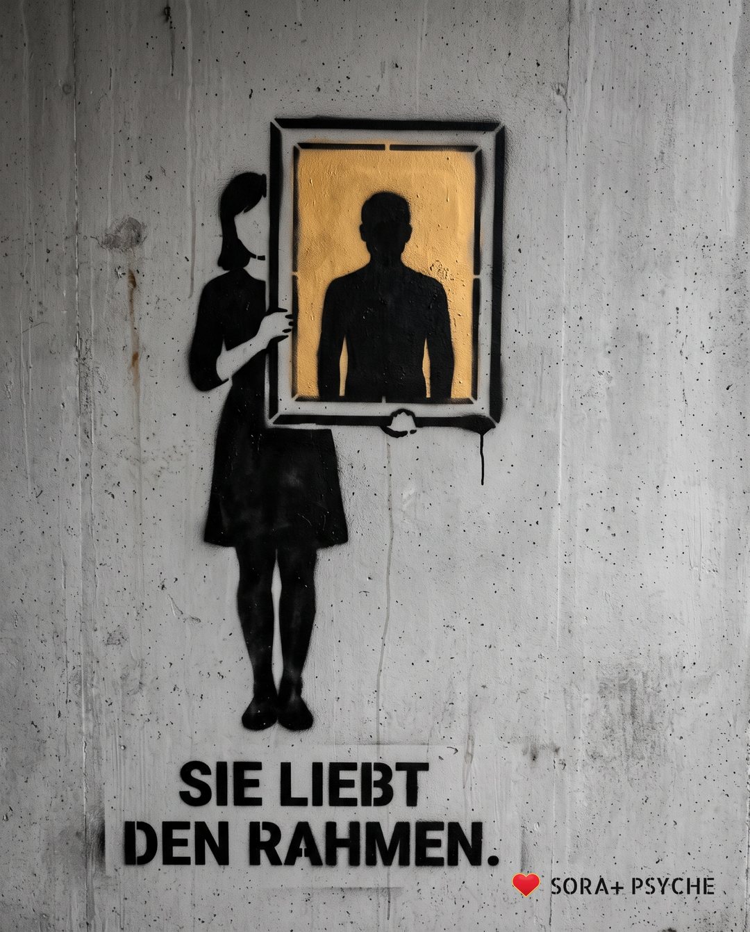 Wand mit schwarzem Stencil, Signatur SORA+ PSYCHE: „SIE LIEBT DEN RAHMEN.“