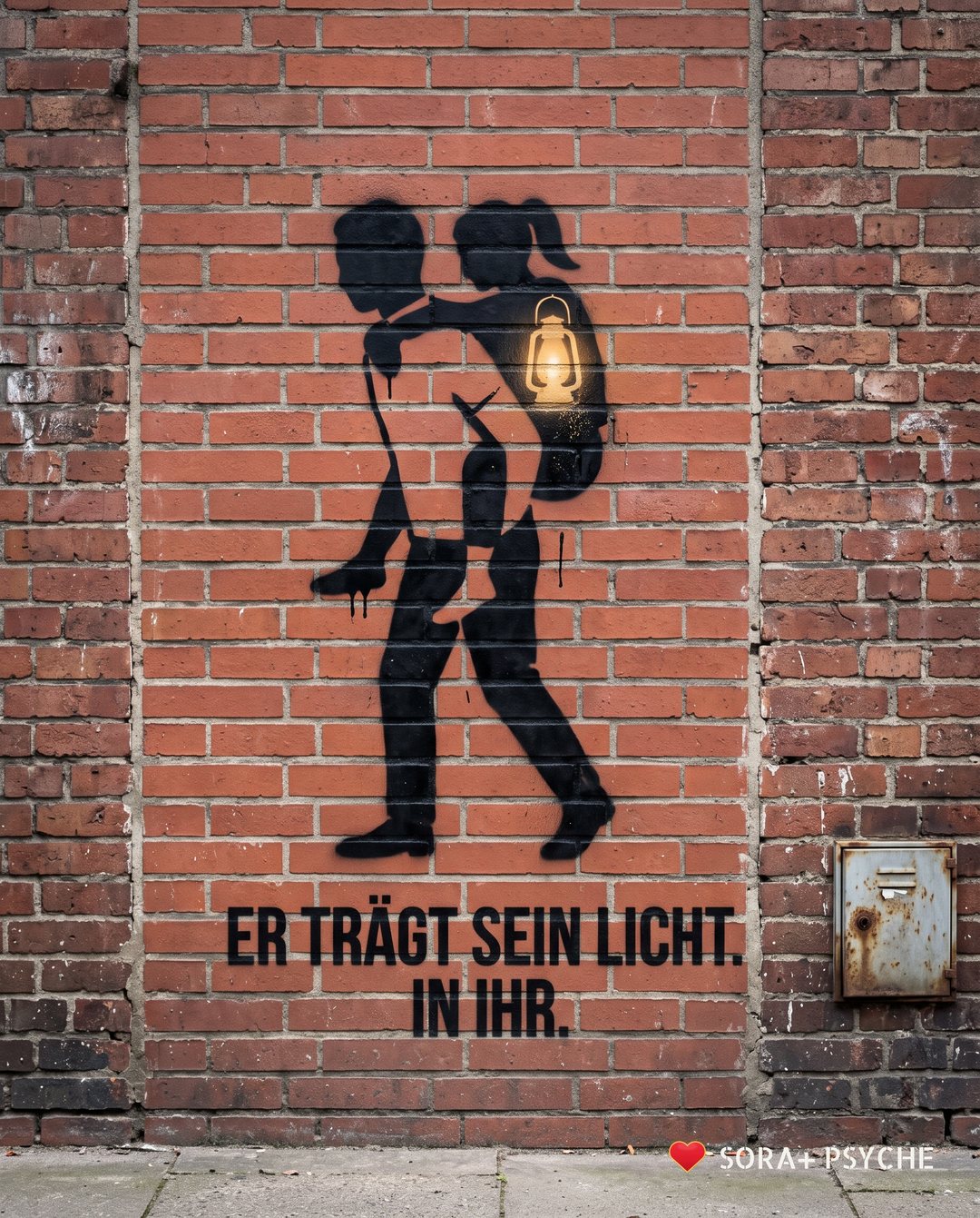 Wand mit schwarzem Stencil, Signatur SORA+ PSYCHE: „ER TRÄGT SEIN LICHT. IN IHR.“