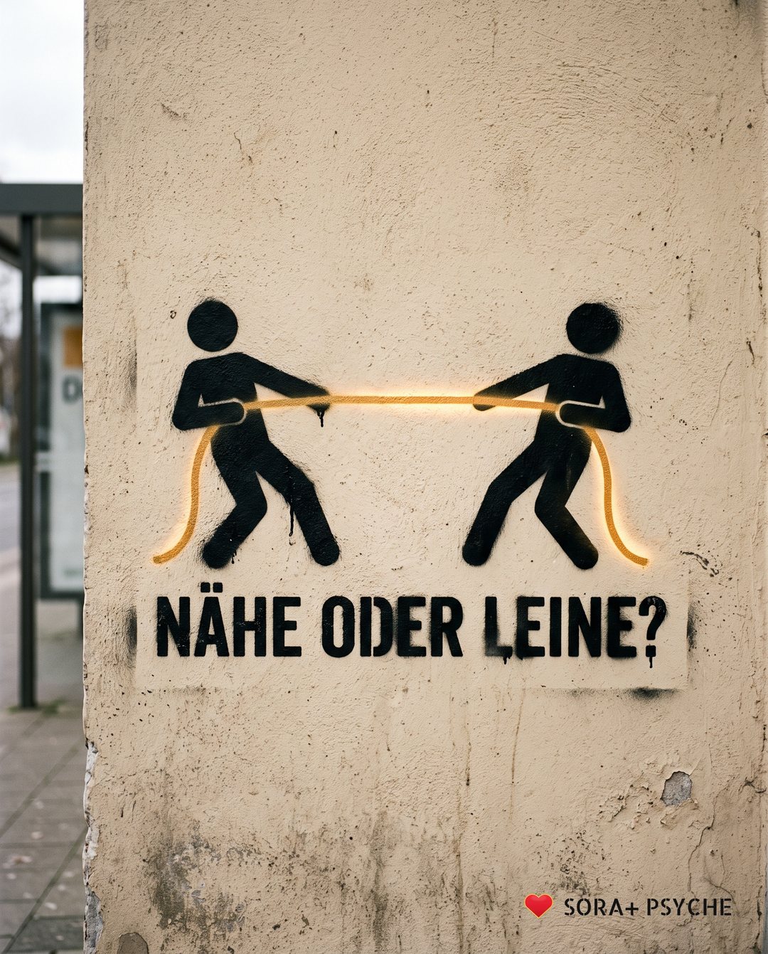 Wand mit schwarzem Stencil, Signatur SORA+ PSYCHE: „NÄHE ODER LEINE?“