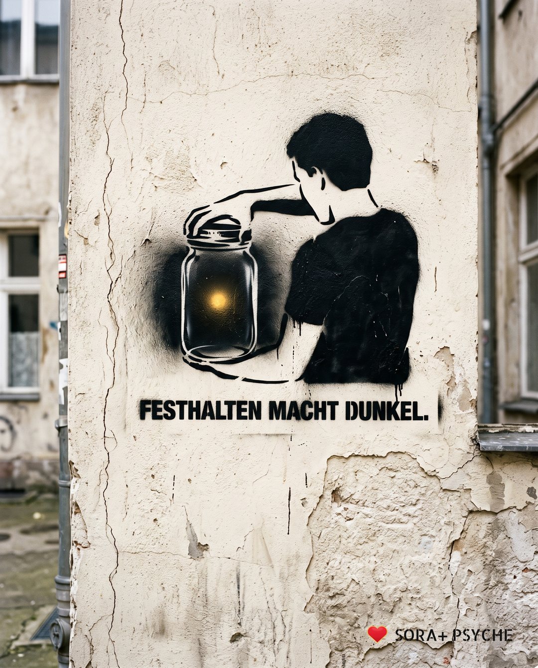 Wand mit schwarzem Stencil, Signatur SORA+ PSYCHE: „FESTHALTEN MACHT DUNKEL.“