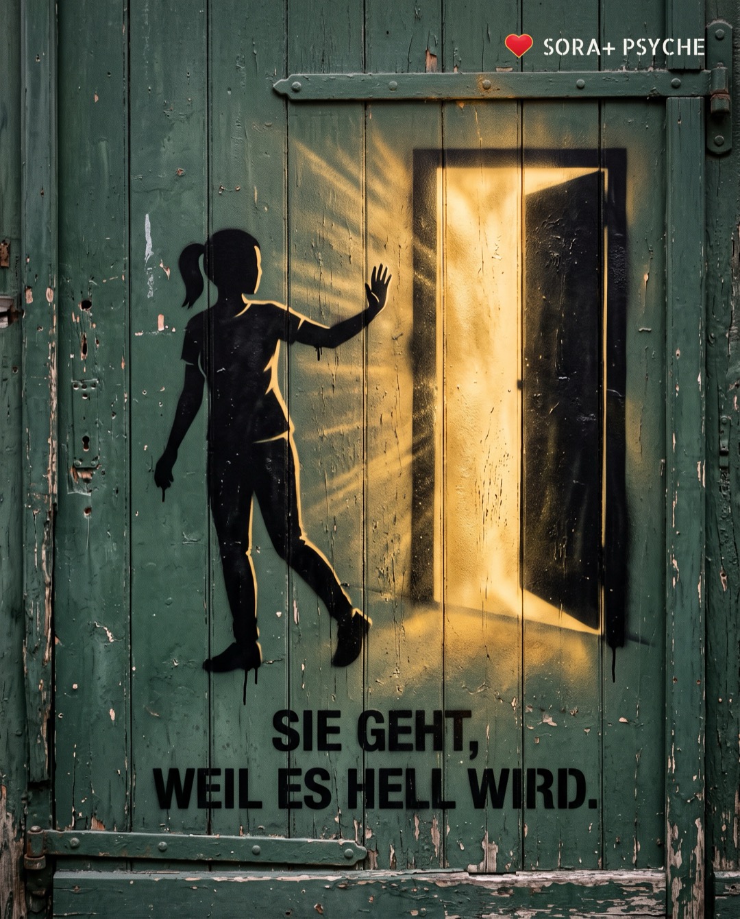 Wand mit schwarzem Stencil, Signatur SORA+ PSYCHE: „SIE GEHT, WEIL ES HELL WIRD.“
