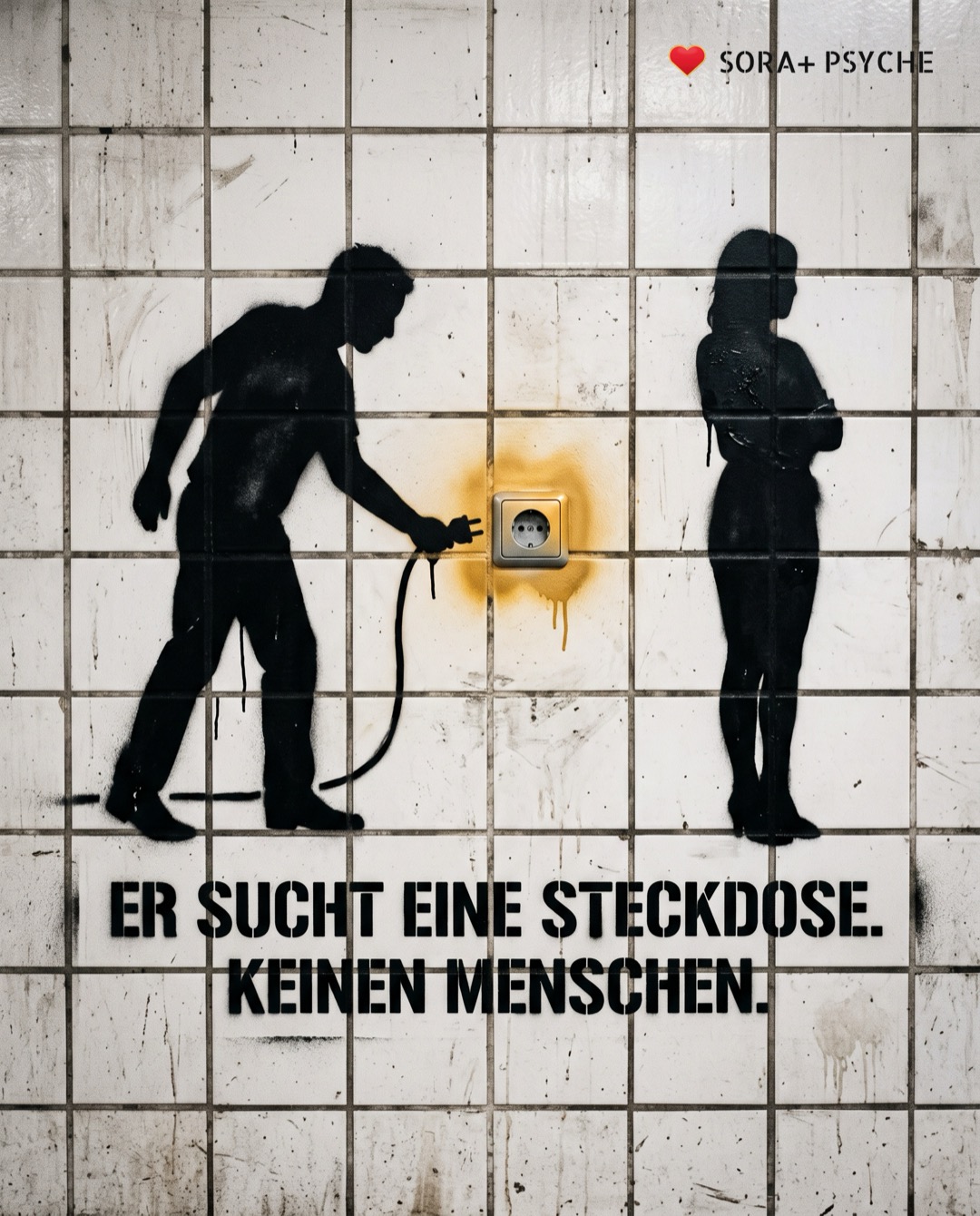 Wand mit schwarzem Stencil, Signatur SORA+ PSYCHE: „ER SUCHT EINE STECKDOSE. KEINEN MENSCHEN.“
