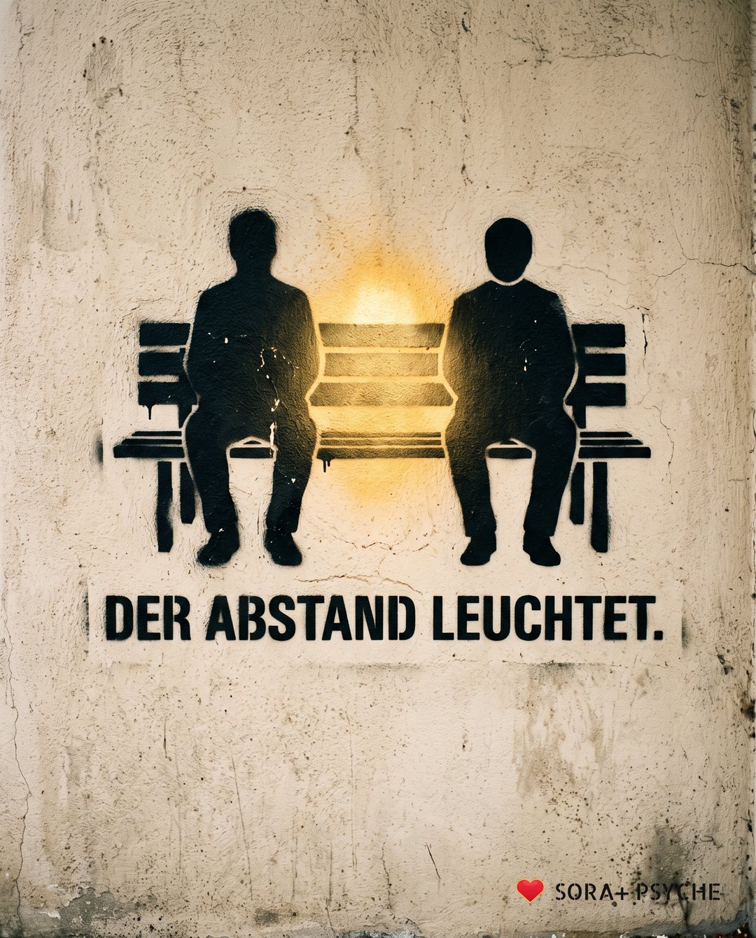 Wand mit schwarzem Stencil, Signatur SORA+ PSYCHE: „DER ABSTAND LEUCHTET.“