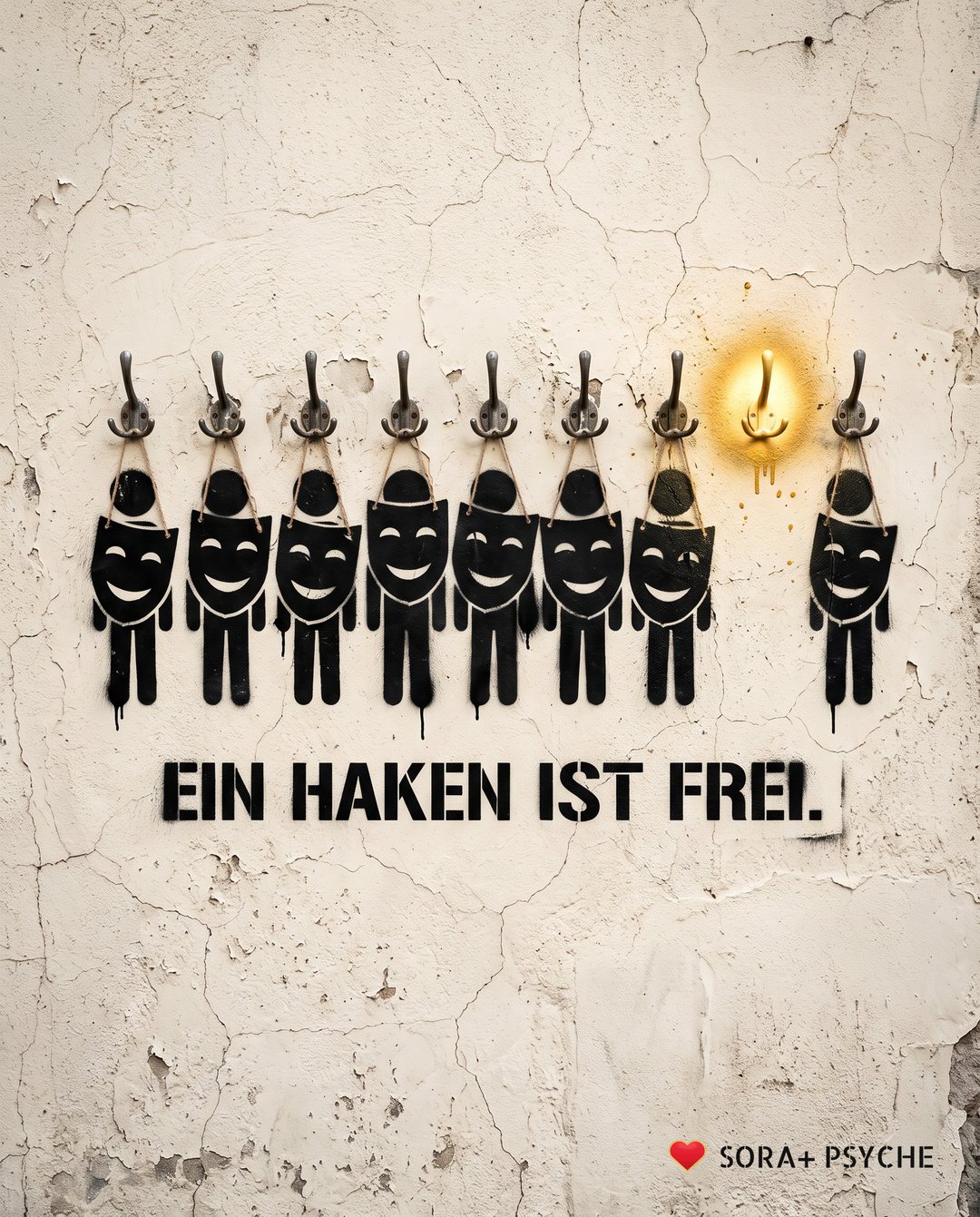 Wand mit schwarzem Stencil, Signatur SORA+ PSYCHE: „EIN HAKEN IST FREI.“