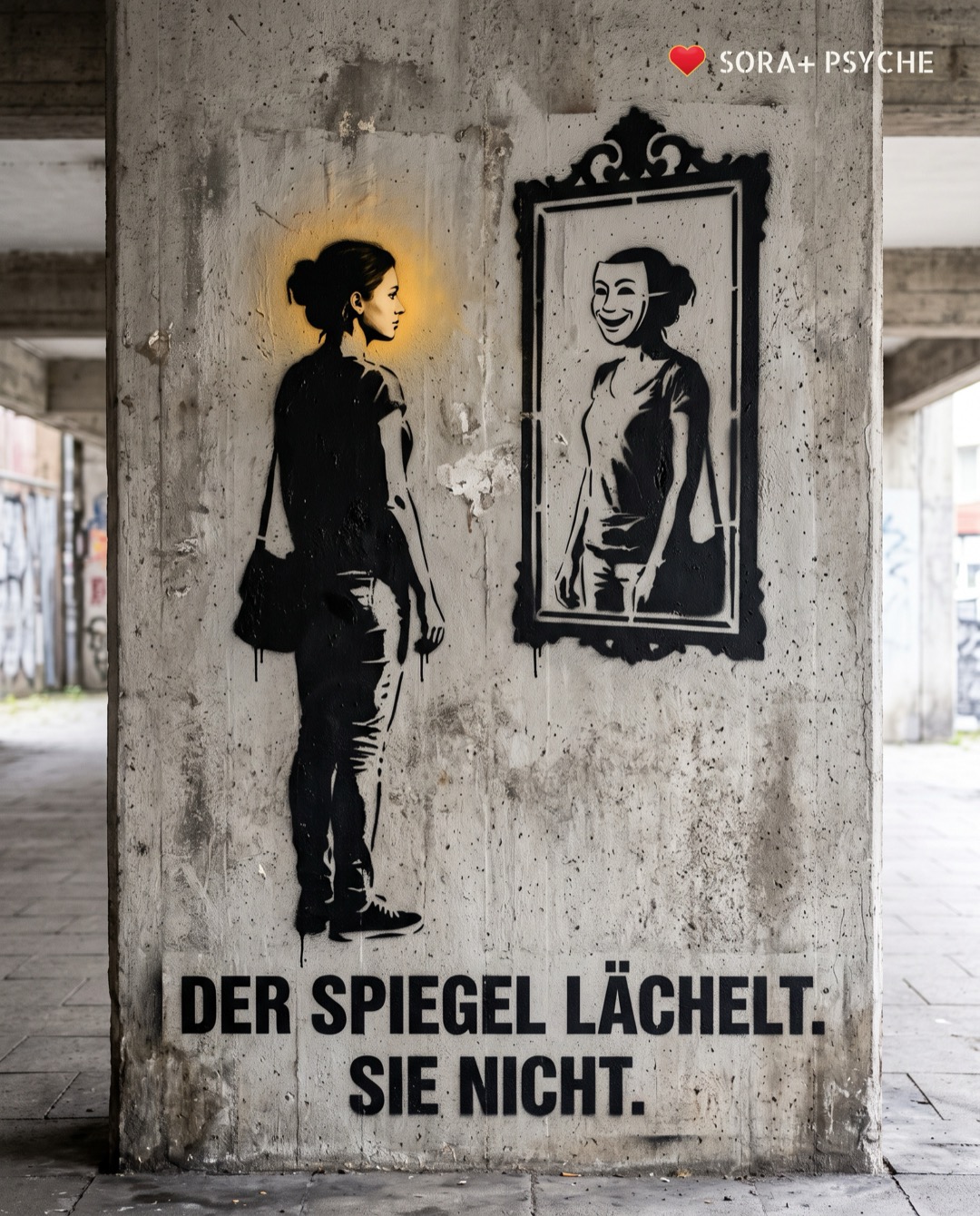 Wand mit schwarzem Stencil, Signatur SORA+ PSYCHE: „DER SPIEGEL LÄCHELT. SIE NICHT.“