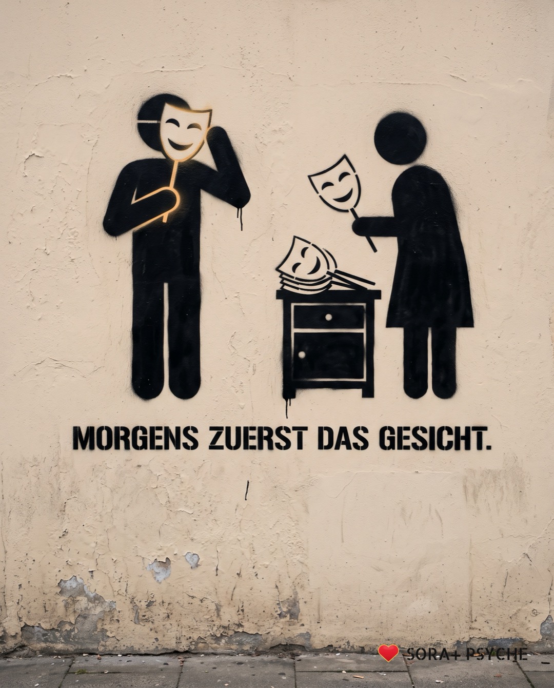 Wand mit schwarzem Stencil, Signatur SORA+ PSYCHE: „MORGENS ZUERST DAS GESICHT.“