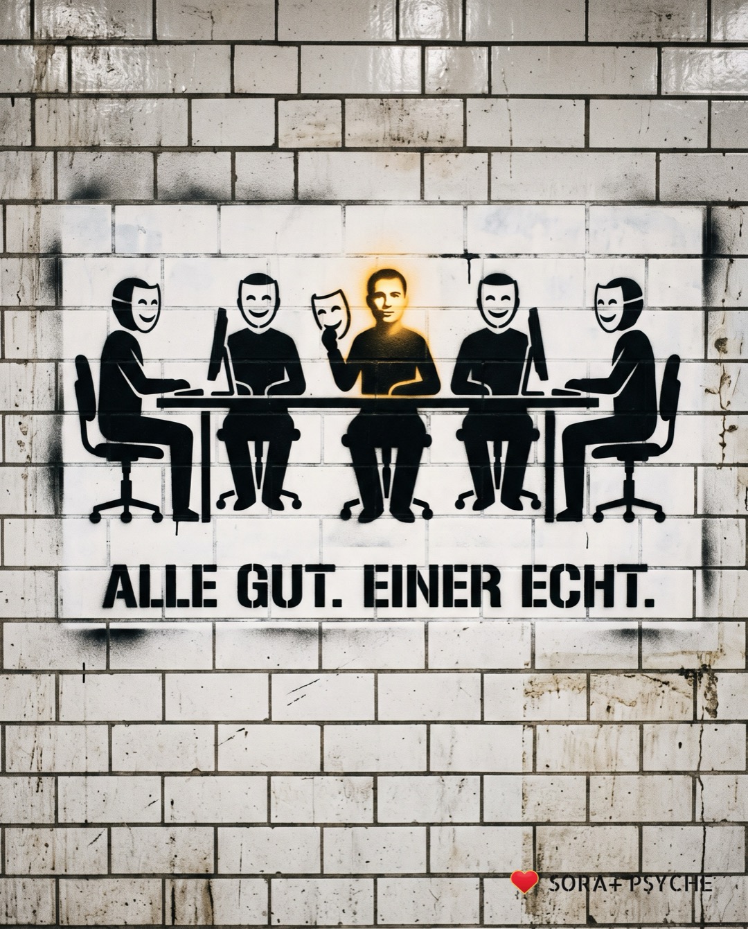 Wand mit schwarzem Stencil, Signatur SORA+ PSYCHE: „ALLE GUT. EINER ECHT.“