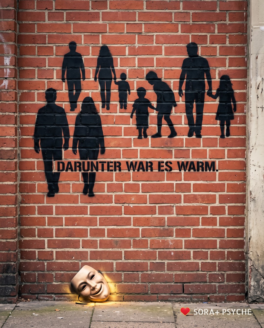 Wand mit schwarzem Stencil, Signatur SORA+ PSYCHE: „DARUNTER WAR ES WARM.“