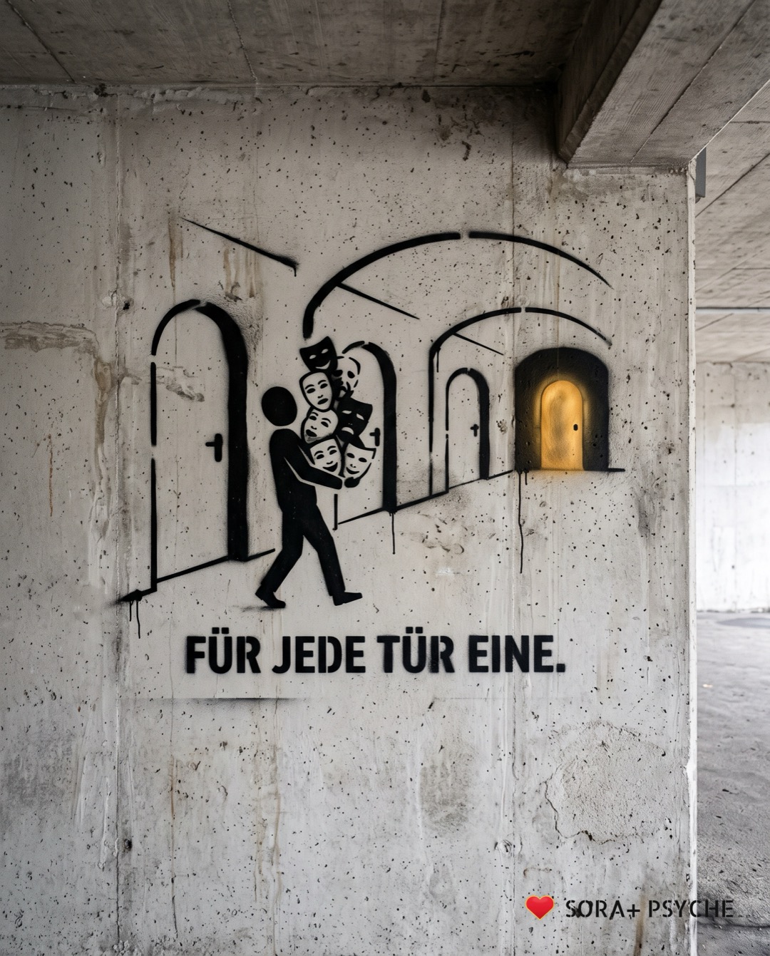 Wand mit schwarzem Stencil, Signatur SORA+ PSYCHE: „FÜR JEDE TÜR EINE.“