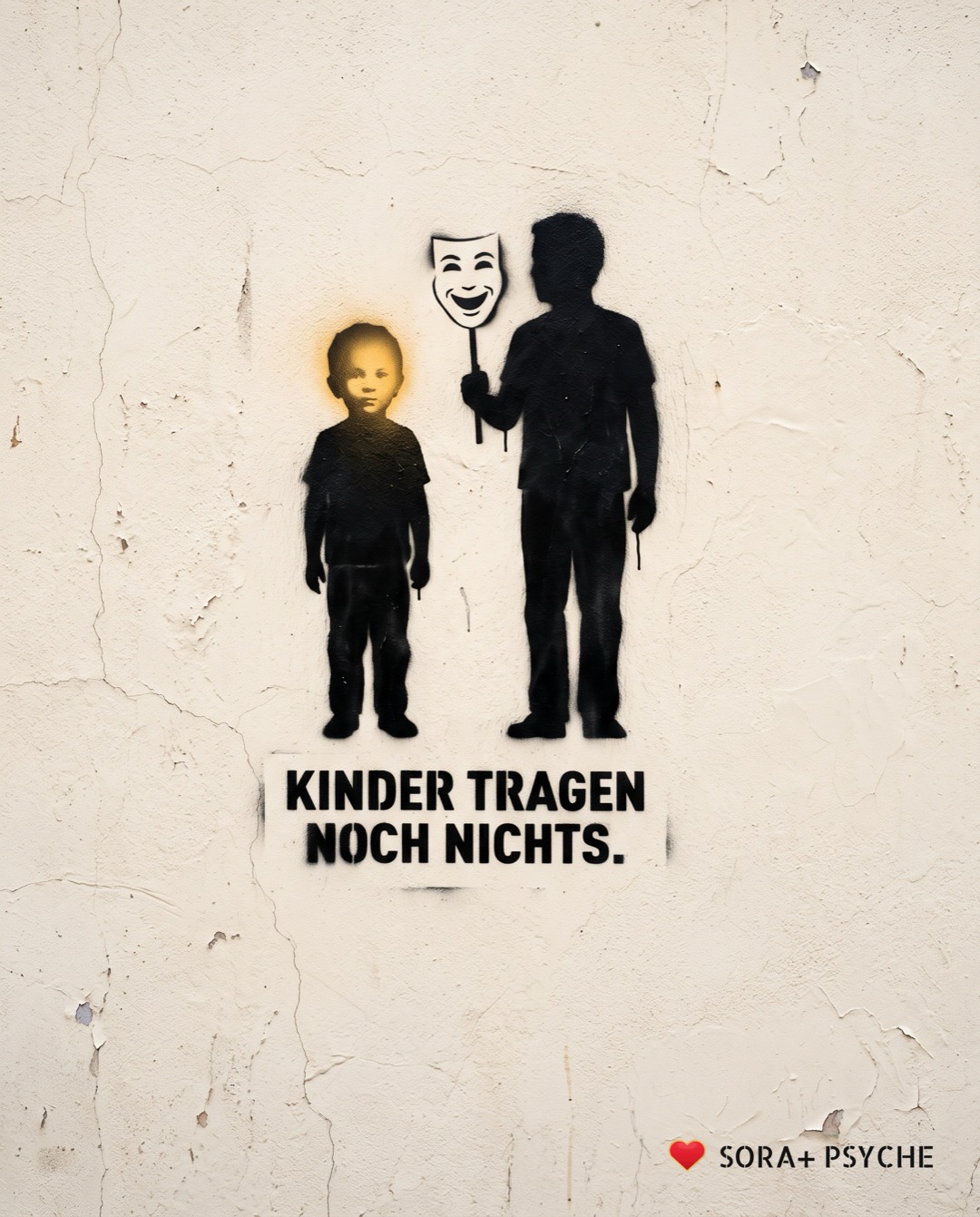 Wand mit schwarzem Stencil, Signatur SORA+ PSYCHE: „KINDER TRAGEN NOCH NICHTS.“