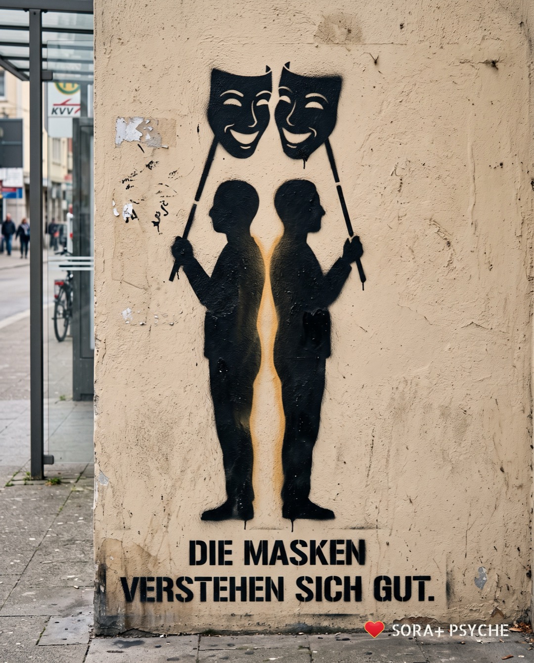 Wand mit schwarzem Stencil, Signatur SORA+ PSYCHE: „DIE MASKEN VERSTEHEN SICH GUT.“