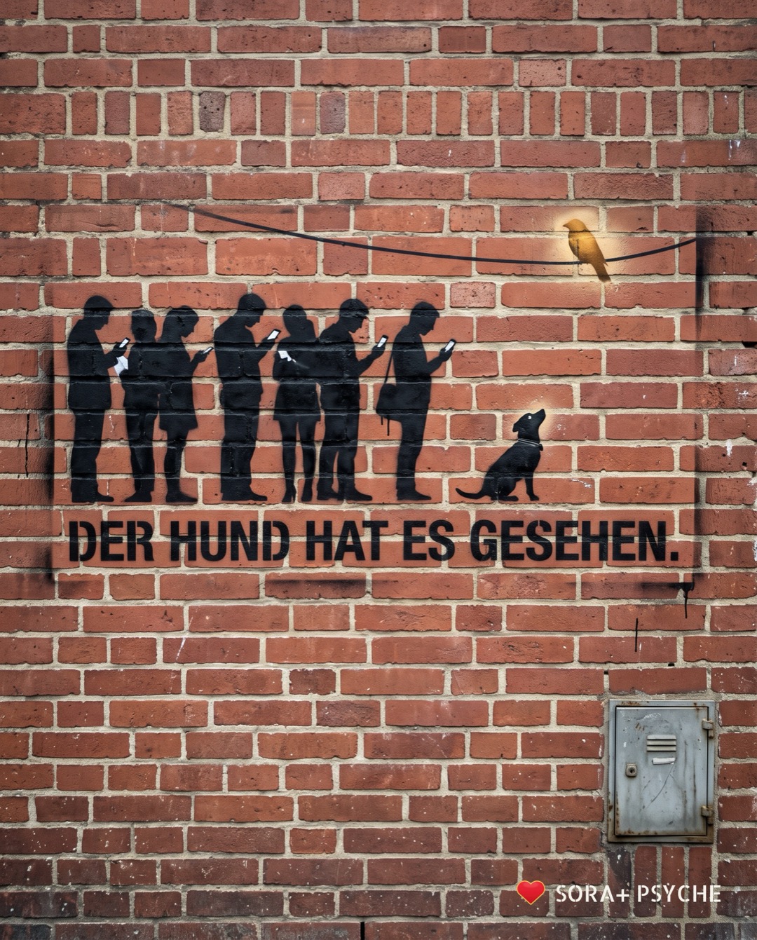 Wand mit schwarzem Stencil, Signatur SORA+ PSYCHE: „DER HUND HAT ES GESEHEN.“