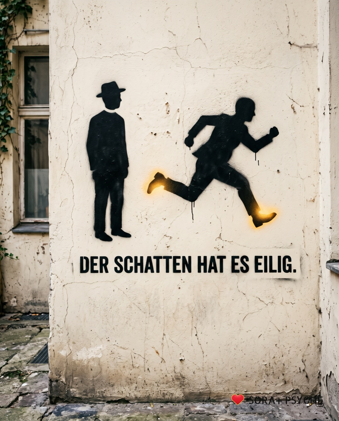 Wand mit schwarzem Stencil, Signatur SORA+ PSYCHE: „DER SCHATTEN HAT ES EILIG.“