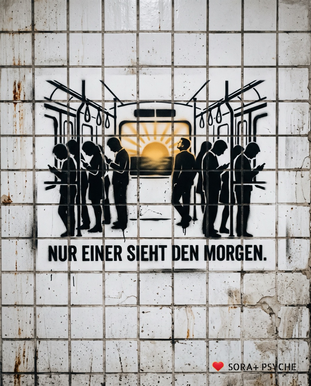 Wand mit schwarzem Stencil, Signatur SORA+ PSYCHE: „NUR EINER SIEHT DEN MORGEN.“