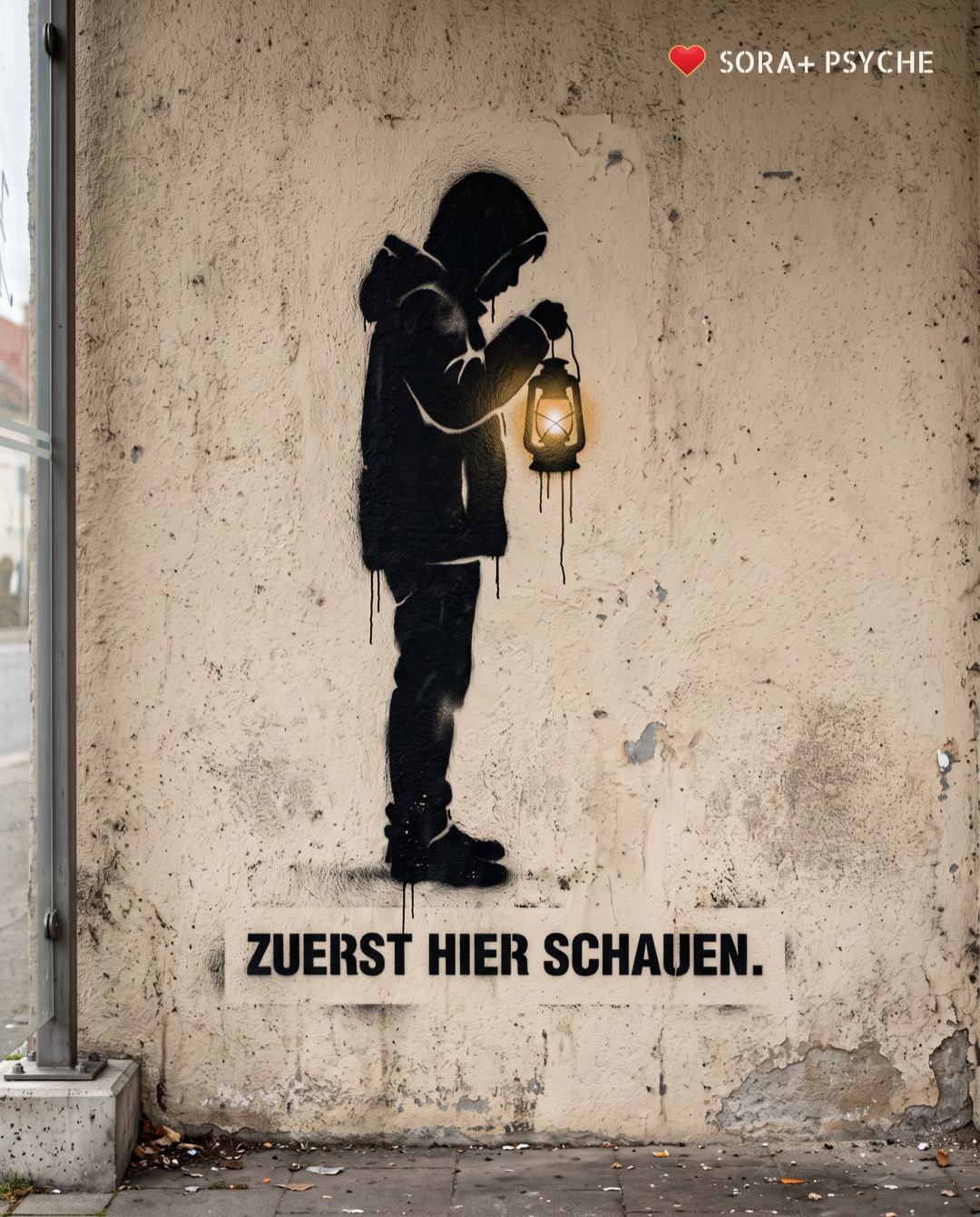 Wand mit schwarzem Stencil, Signatur SORA+ PSYCHE: „ZUERST HIER SCHAUEN.“