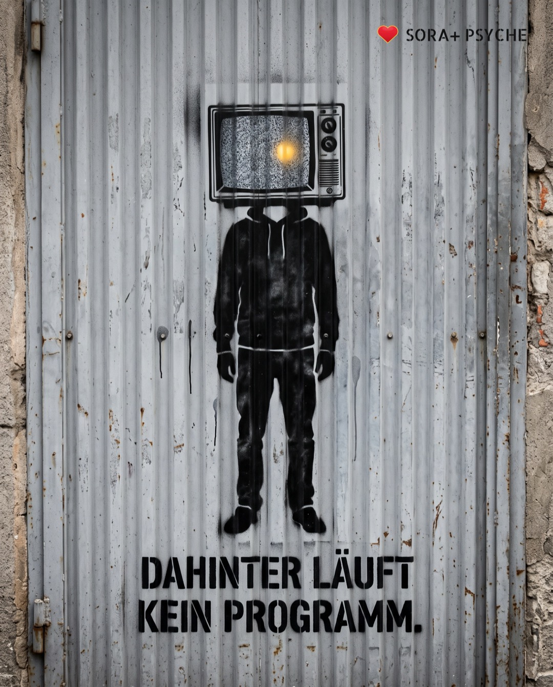 Wand mit schwarzem Stencil, Signatur SORA+ PSYCHE: „DAHINTER LÄUFT KEIN PROGRAMM.“