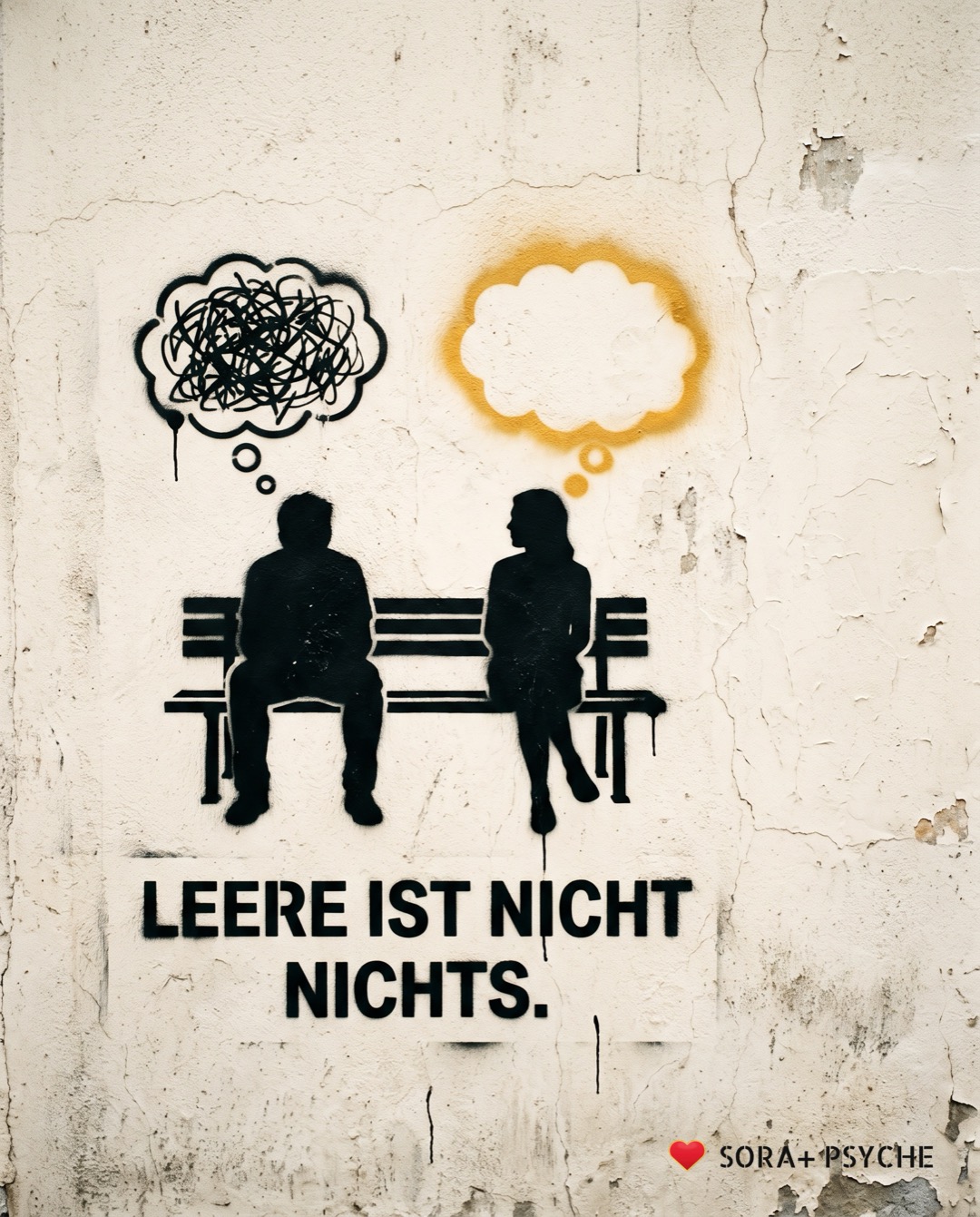 Wand mit schwarzem Stencil, Signatur SORA+ PSYCHE: „LEERE IST NICHT NICHTS.“