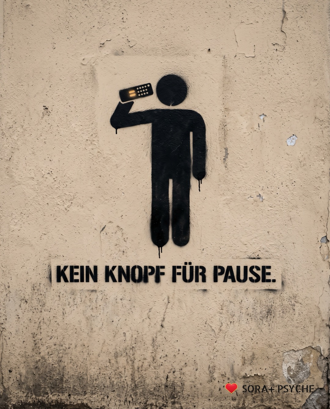 Wand mit schwarzem Stencil, Signatur SORA+ PSYCHE: „KEIN KNOPF FÜR PAUSE.“