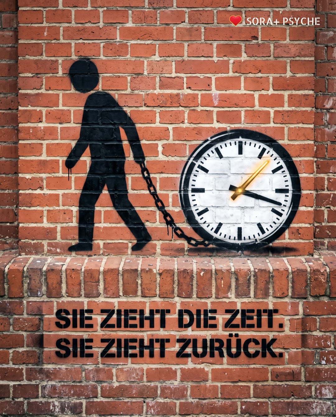 Wand mit schwarzem Stencil, Signatur SORA+ PSYCHE: „SIE ZIEHT DIE ZEIT. SIE ZIEHT ZURÜCK.“