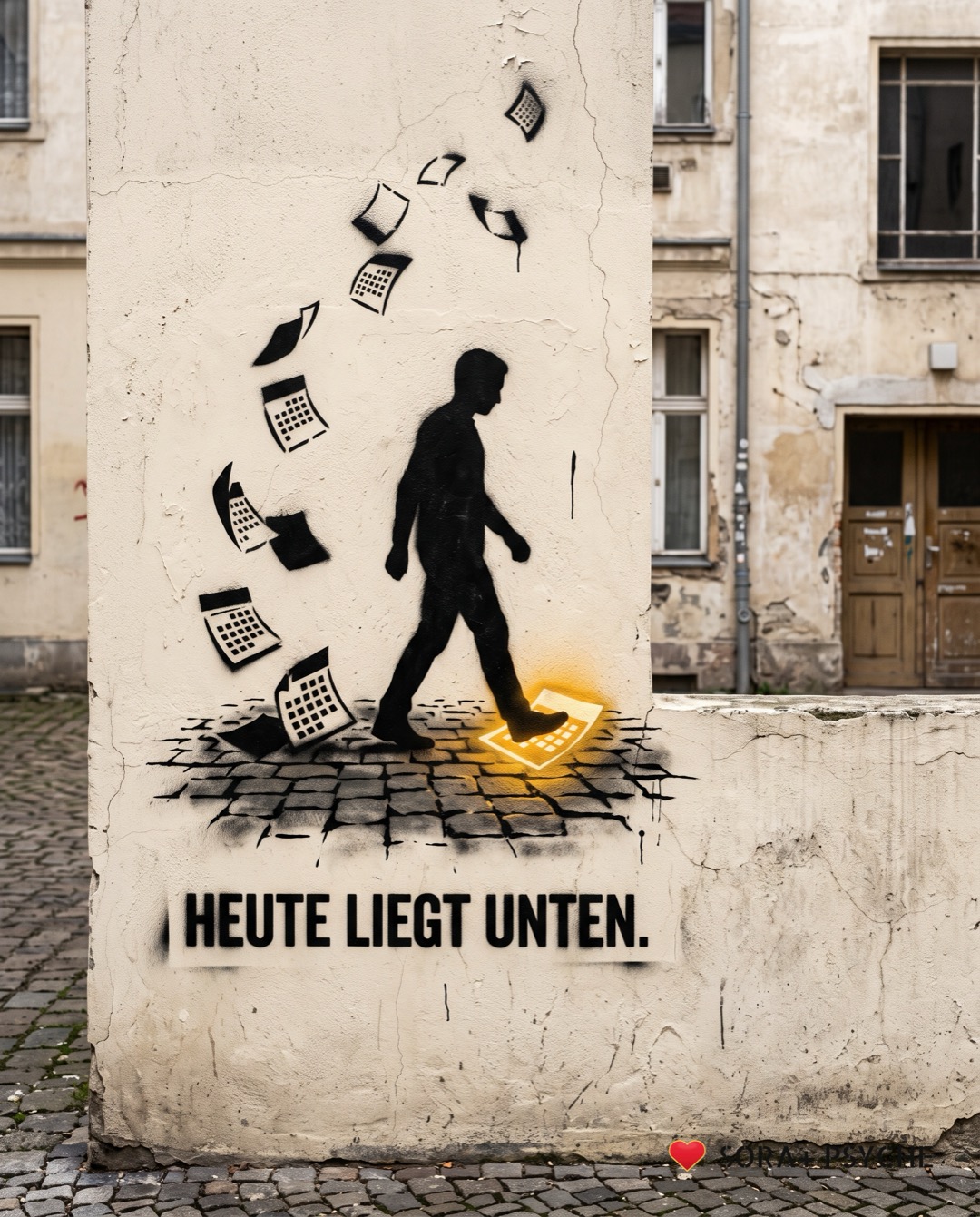 Wand mit schwarzem Stencil, Signatur SORA+ PSYCHE: „HEUTE LIEGT UNTEN.“