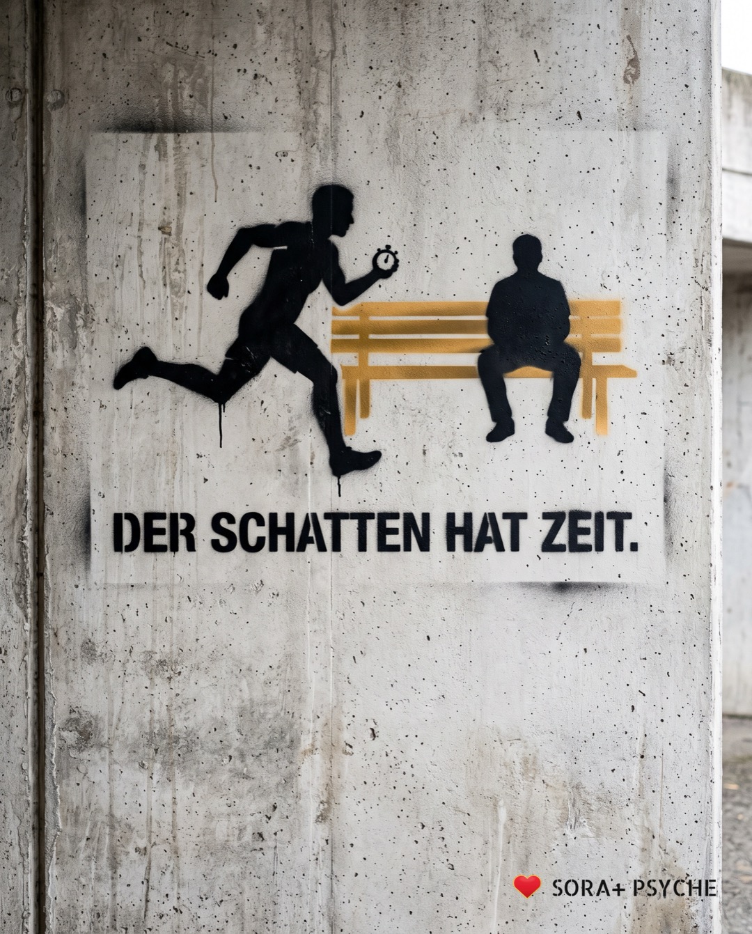 Wand mit schwarzem Stencil, Signatur SORA+ PSYCHE: „DER SCHATTEN HAT ZEIT.“