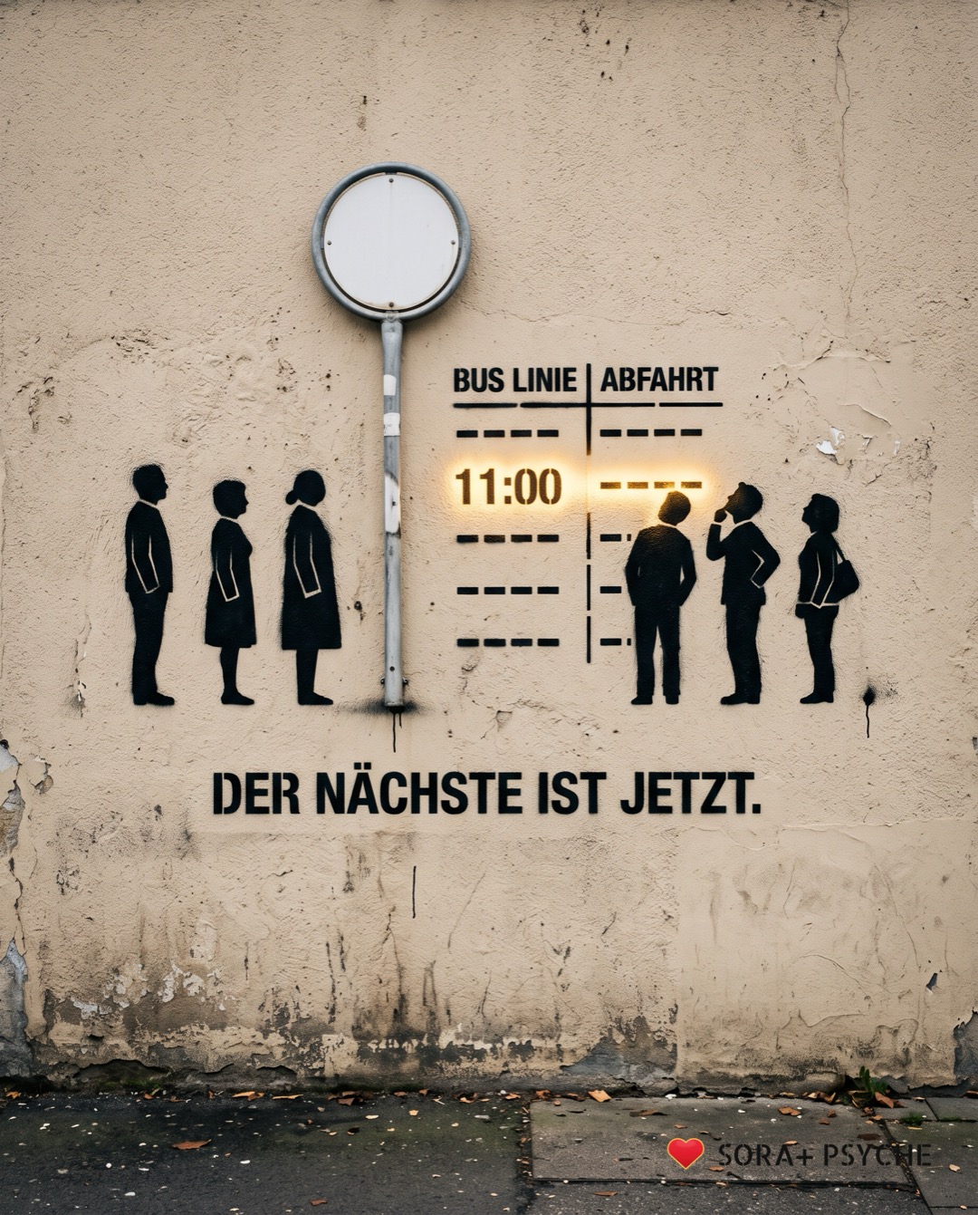 Wand mit schwarzem Stencil, Signatur SORA+ PSYCHE: „DER NÄCHSTE IST JETZT.“