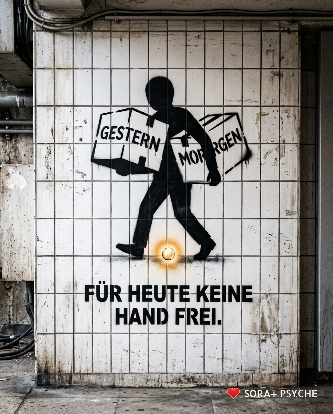 Wand mit schwarzem Stencil, Signatur SORA+ PSYCHE: „FÜR HEUTE KEINE HAND FREI.“