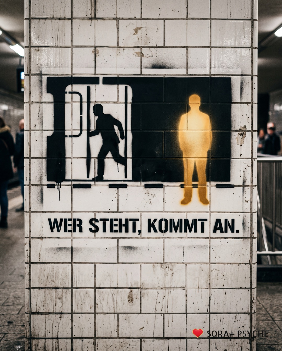 Wand mit schwarzem Stencil, Signatur SORA+ PSYCHE: „WER STEHT, KOMMT AN.“