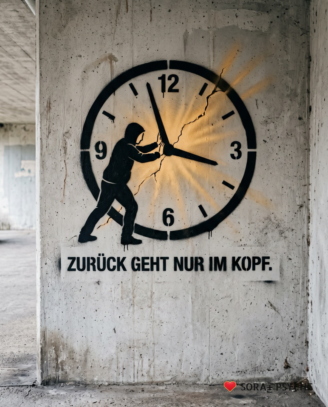 Wand mit schwarzem Stencil, Signatur SORA+ PSYCHE: „ZURÜCK GEHT NUR IM KOPF.“