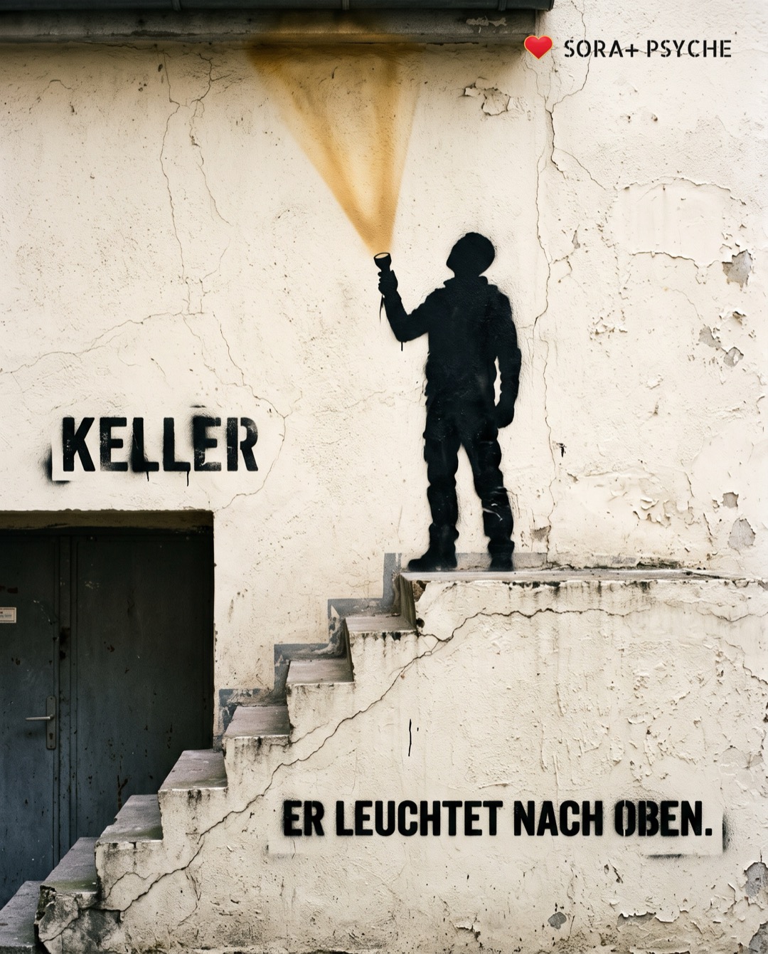 Wand mit schwarzem Stencil, Signatur SORA+ PSYCHE: „ER LEUCHTET NACH OBEN.“