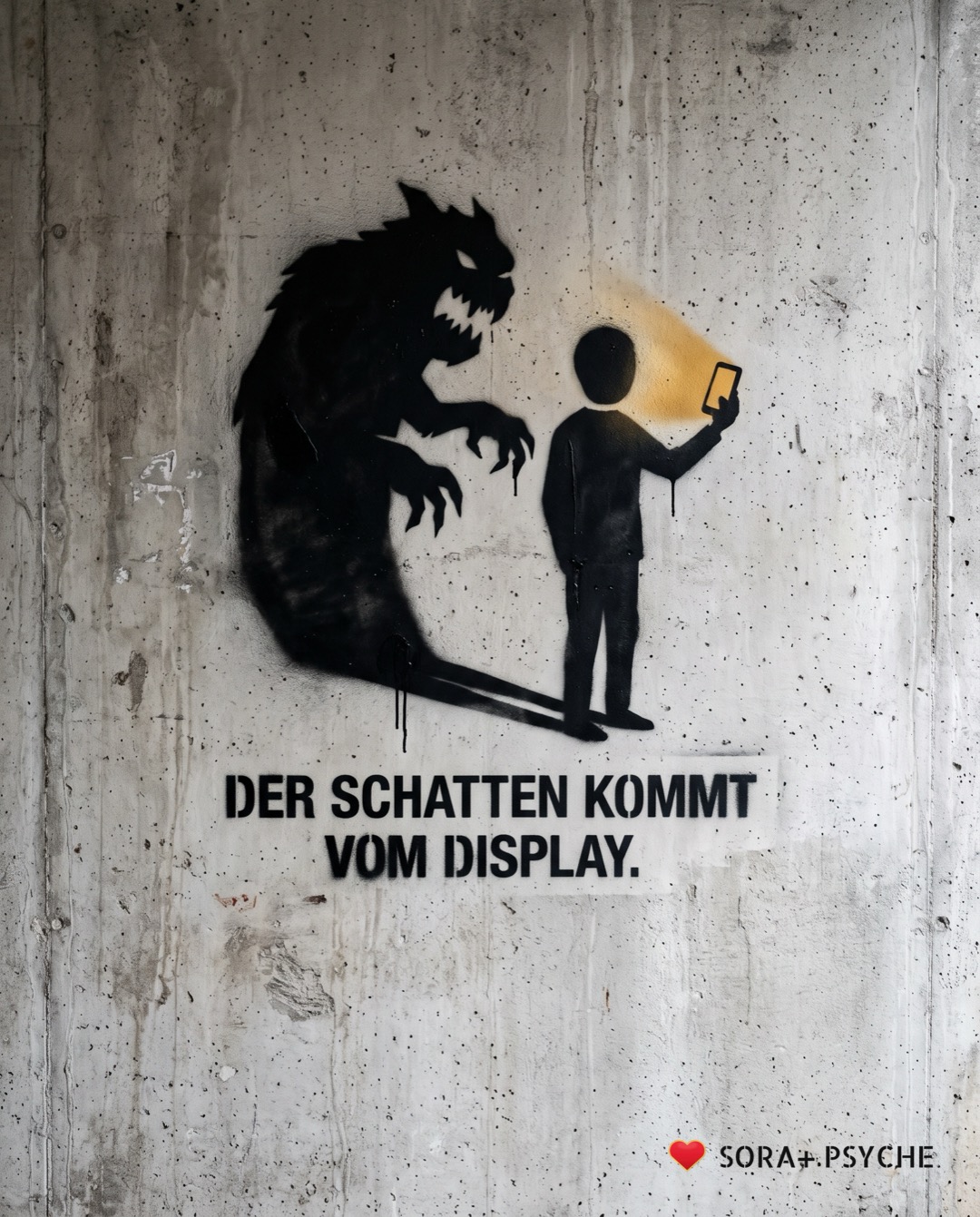 Wand mit schwarzem Stencil, Signatur SORA+ PSYCHE: „DER SCHATTEN KOMMT VOM DISPLAY.“