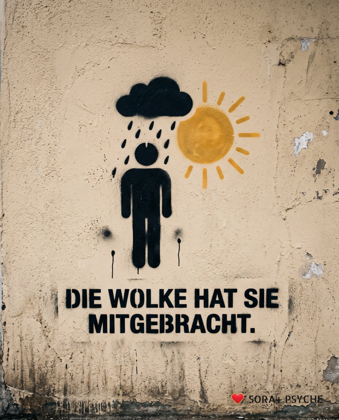 Wand mit schwarzem Stencil, Signatur SORA+ PSYCHE: „DIE WOLKE HAT SIE MITGEBRACHT.“