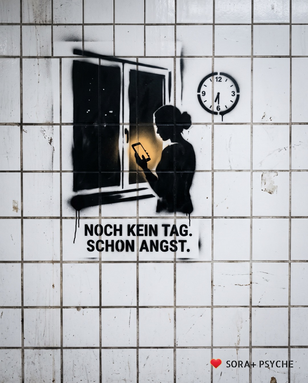 Wand mit schwarzem Stencil, Signatur SORA+ PSYCHE: „NOCH KEIN TAG. SCHON ANGST.“