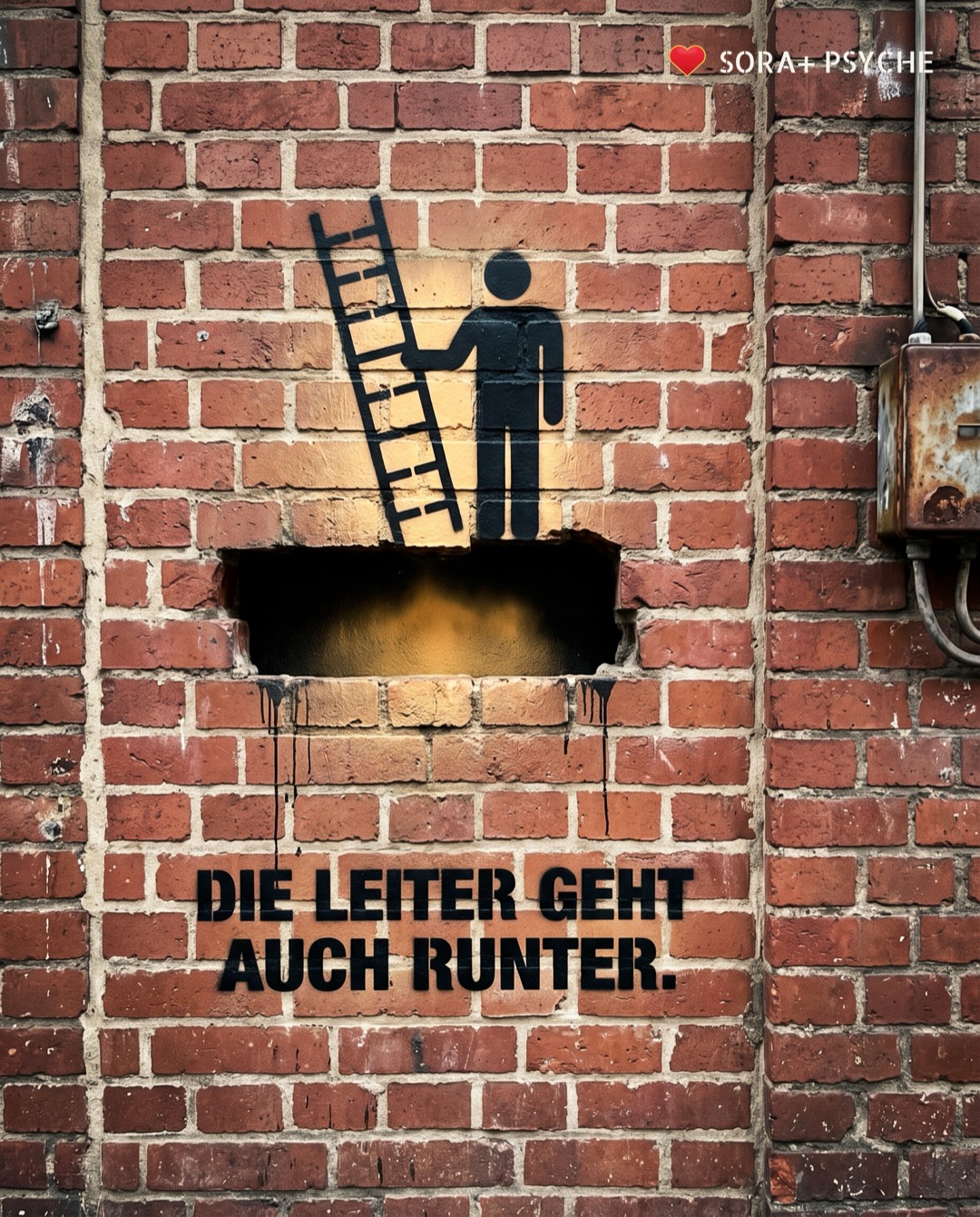 Wand mit schwarzem Stencil, Signatur SORA+ PSYCHE: „DIE LEITER GEHT AUCH RUNTER.“