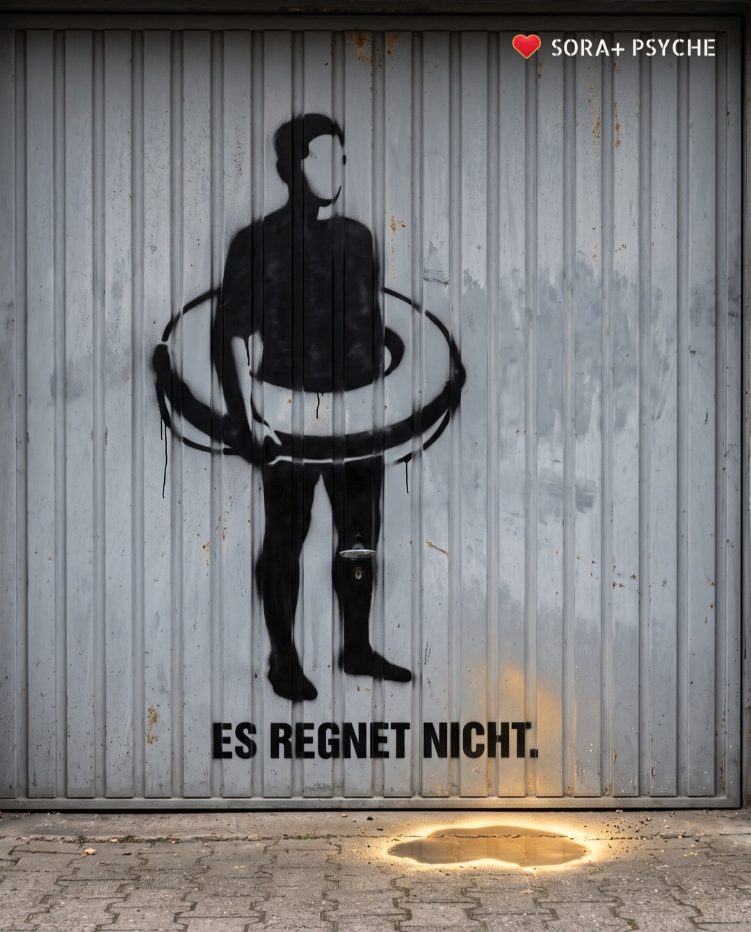 Wand mit schwarzem Stencil, Signatur SORA+ PSYCHE: „ES REGNET NICHT.“
