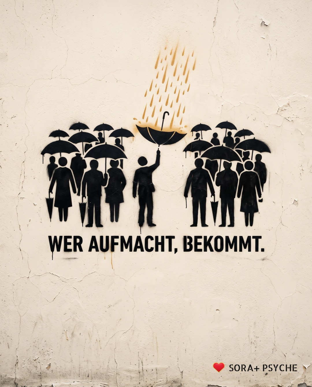Wand mit schwarzem Stencil, Signatur SORA+ PSYCHE: „WER AUFMACHT, BEKOMMT.“