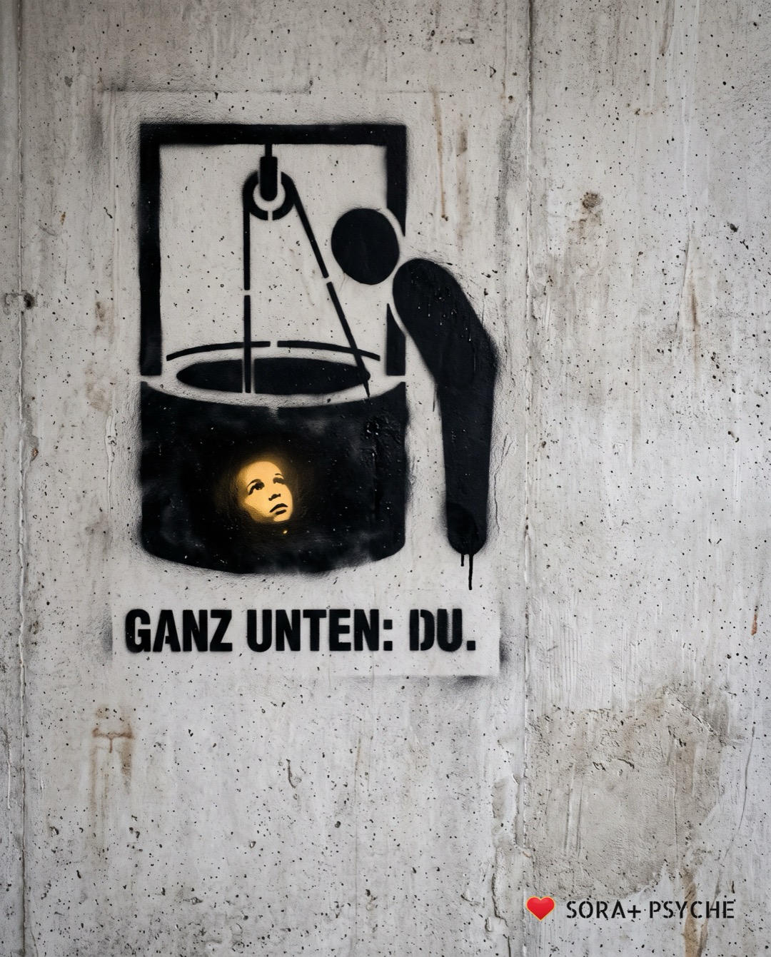 Wand mit schwarzem Stencil, Signatur SORA+ PSYCHE: „GANZ UNTEN: DU.“