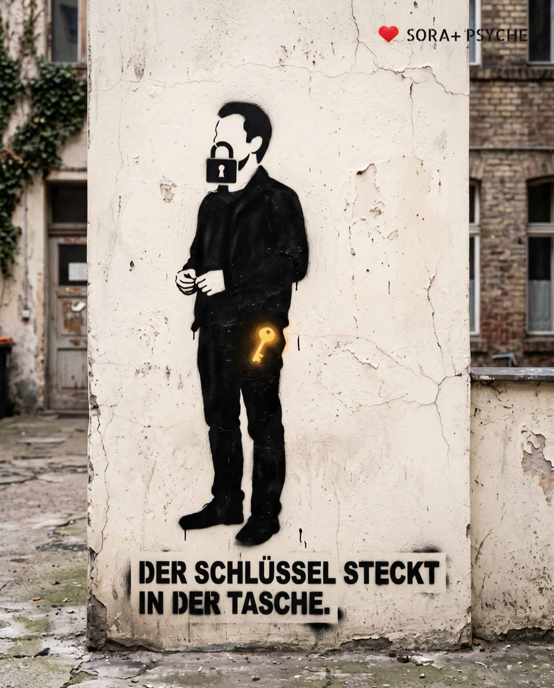 Wand mit schwarzem Stencil, Signatur SORA+ PSYCHE: „DER SCHLÜSSEL STECKT IN DER TASCHE.“